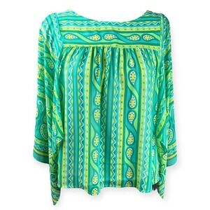 Bob Mackie Wearable Art Green Print Caftan Boho Top